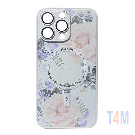 Capa Magnética com Desenho de Flores para Apple iPhone 15 Pro Branco